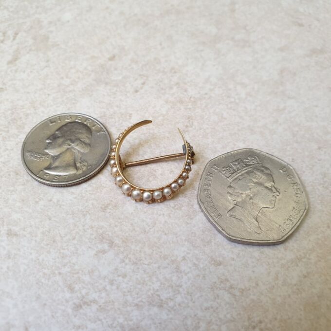 Antique Seed Pearl Crescent Moon Brooch in 15ct Gold
