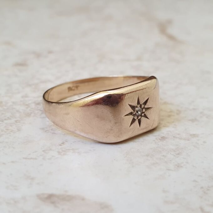 Star Set Diamond Signet Ring in 9ct Gold