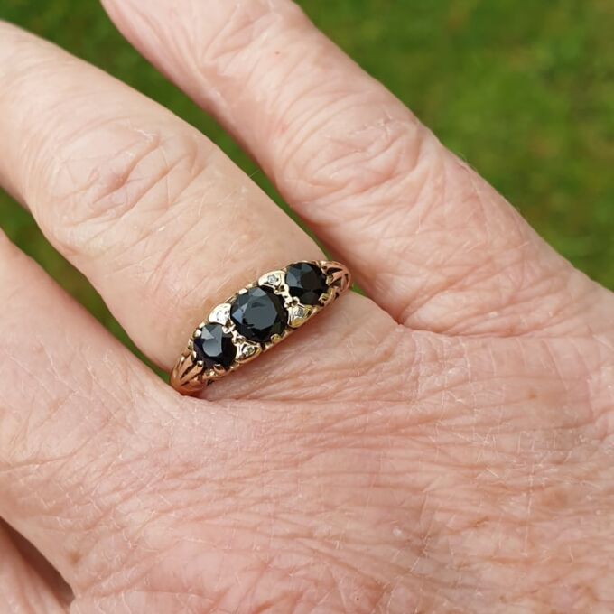 Three Stone Dark Blue Sapphire Ring in 9ct Gold
