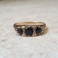 Three Stone Dark Blue Sapphire Ring in 9ct Gold