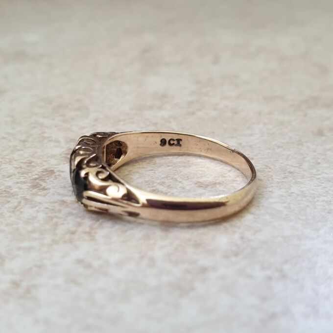 Three Stone Dark Blue Sapphire Ring in 9ct Gold