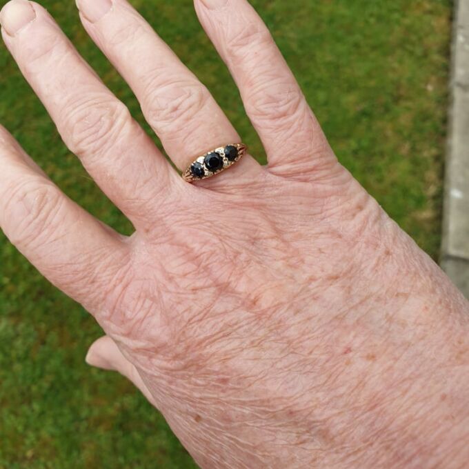 Three Stone Dark Blue Sapphire Ring in 9ct Gold