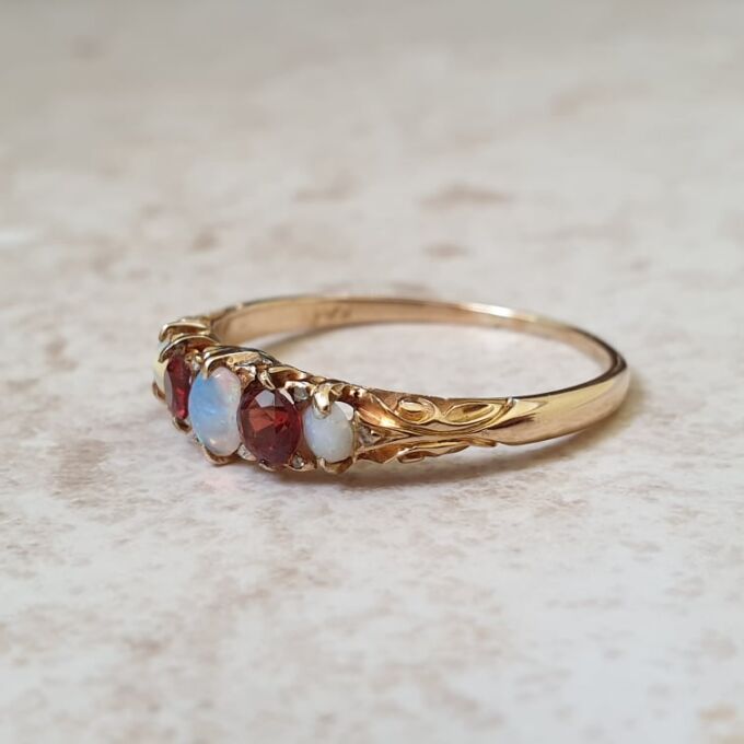 Opal and Garnet Ring in 18ct Gold - Gems Afire - Vintage Jewellery UK
