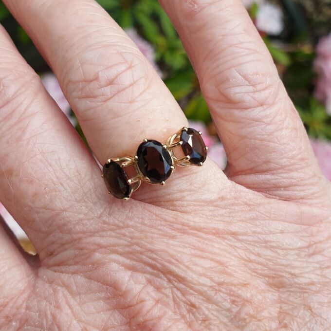Three Stone Smoky Quartz Ring in 9ct Gold
