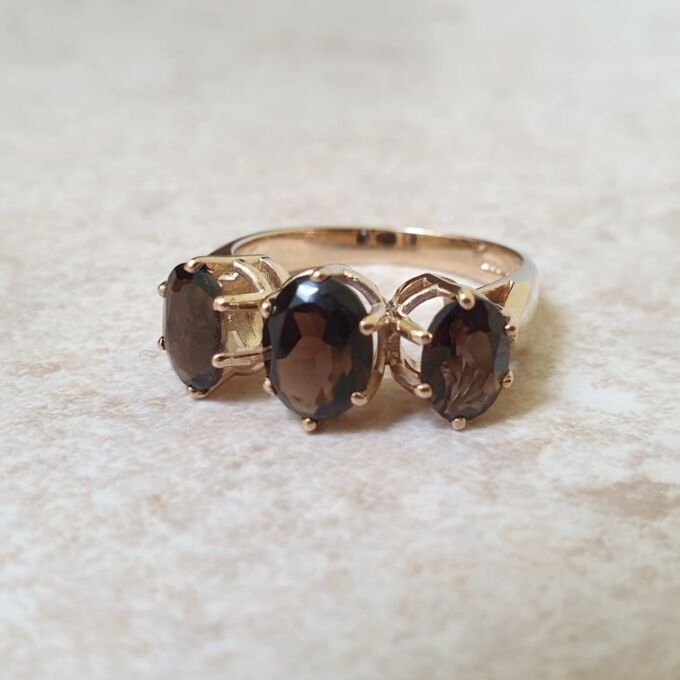 Three Stone Smoky Quartz Ring in 9ct Gold