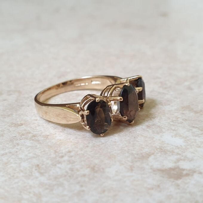 Three Stone Smoky Quartz Ring in 9ct Gold