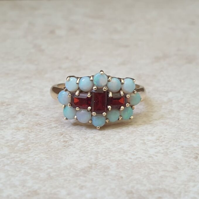 Opal and Garnet Boat Ring in 9ct Gold