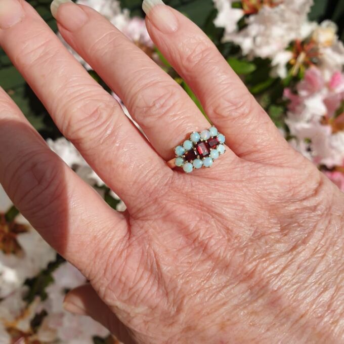Opal and Garnet Boat Ring in 9ct Gold