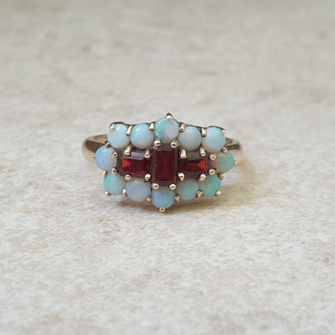 Opal and Garnet Boat Ring in 9ct Gold