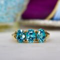 Three Stone Bright Blue Zircon Ring in 9ct Gold