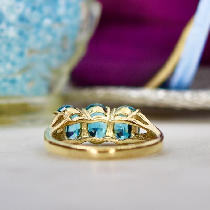 Three Stone Bright Blue Zircon Ring in 9ct Gold