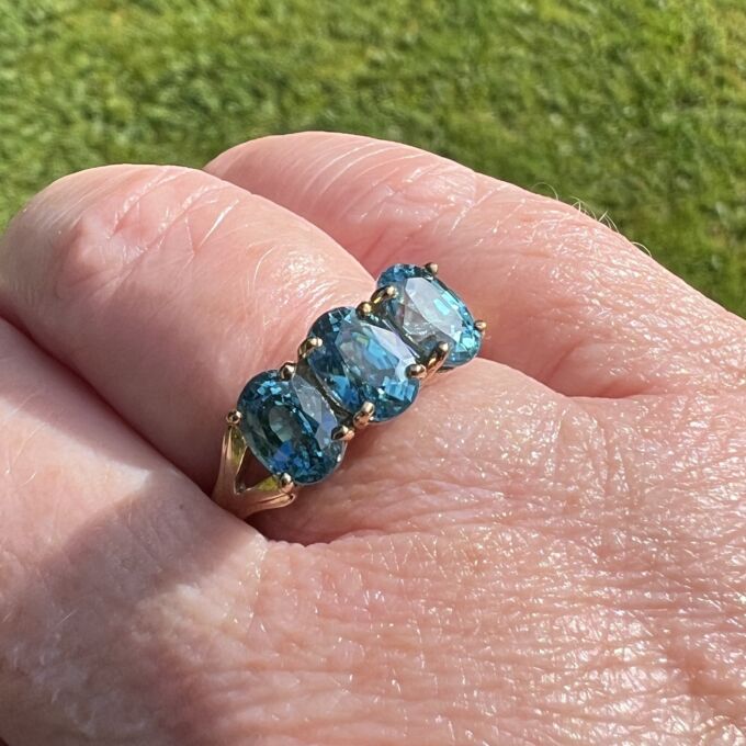 Three Stone Bright Blue Zircon Ring in 9ct Gold