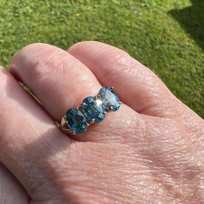 Three Stone Bright Blue Zircon Ring in 9ct Gold