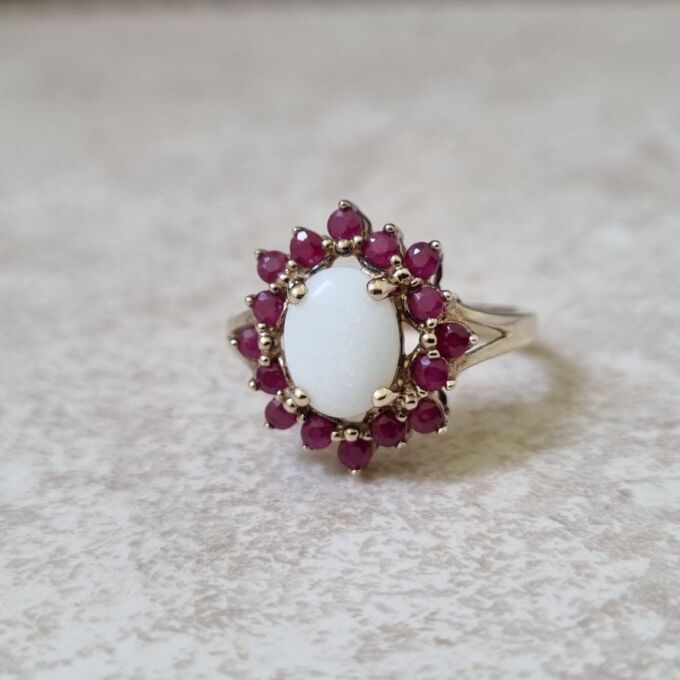 Opal and Ruby Cluster Ring in 9ct Gold