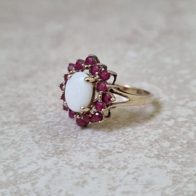 Opal and Ruby Cluster Ring in 9ct Gold - Gems Afire - Vintage Jewellery UK