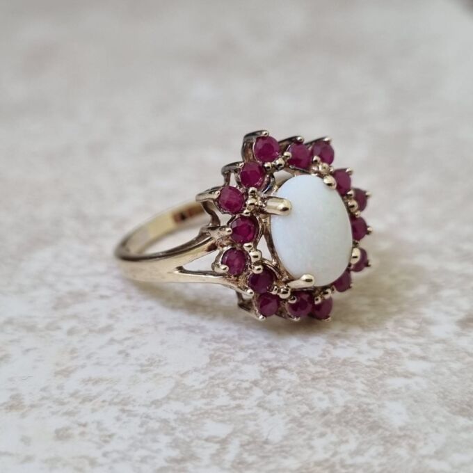 Opal and Ruby Cluster Ring in 9ct Gold