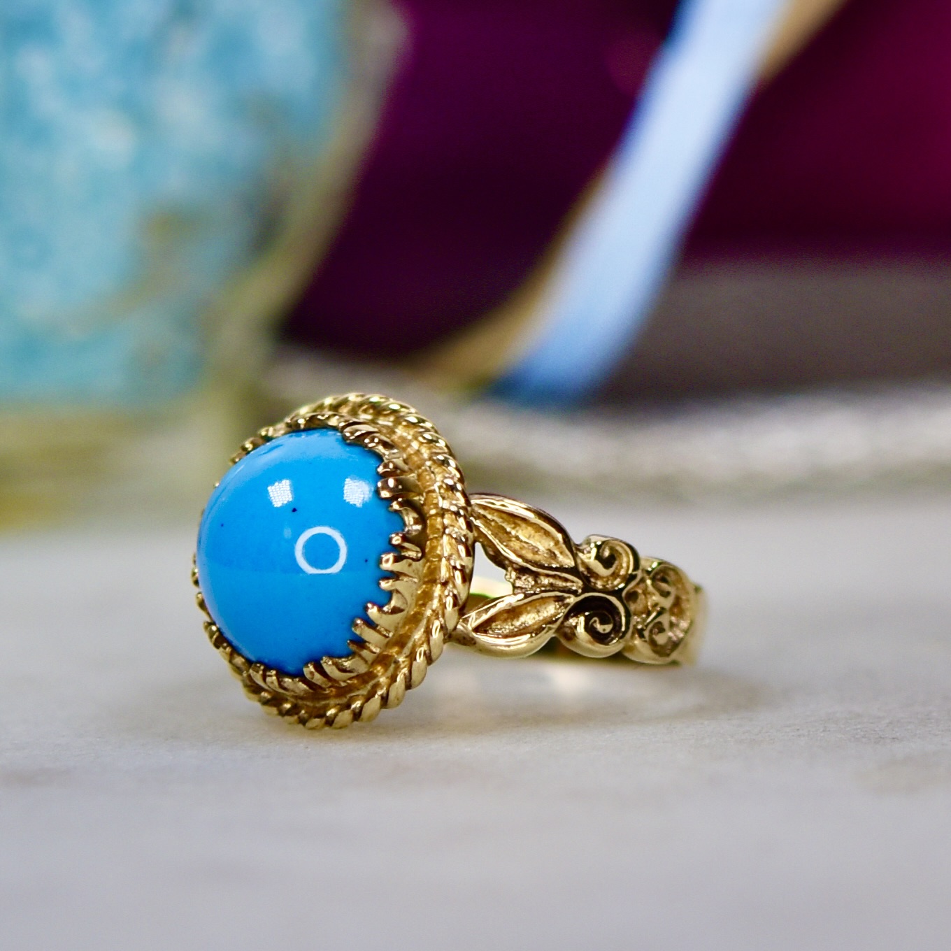 Ornate Turquoise Ring in 9ct Gold Gems Afire Vintage Jewellery UK