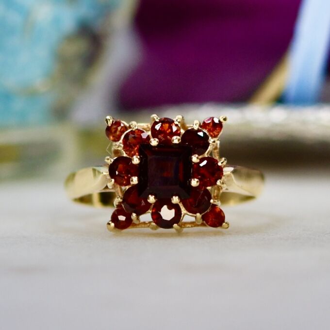 Squared Garnet Cluster Ring in 9ct Gold