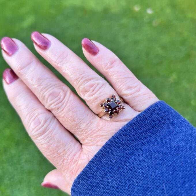 Squared Garnet Cluster Ring in 9ct Gold