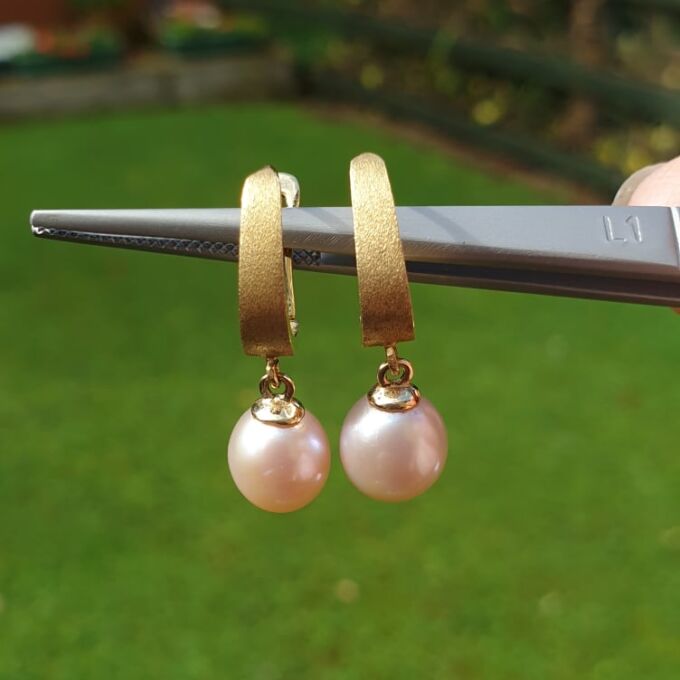 Pink Pearl Drop Earrings in 14ct Gold