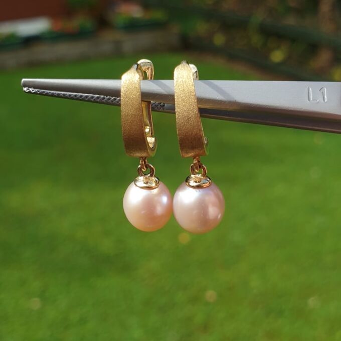 Pink Pearl Drop Earrings in 14ct Gold