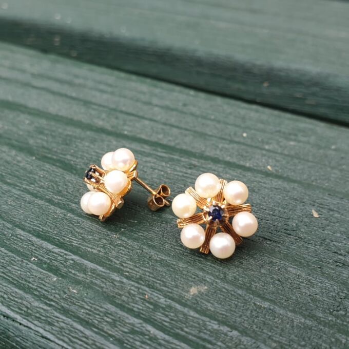 Reserved – Pearl and Sapphire Stud Earrings in 9ct Gold