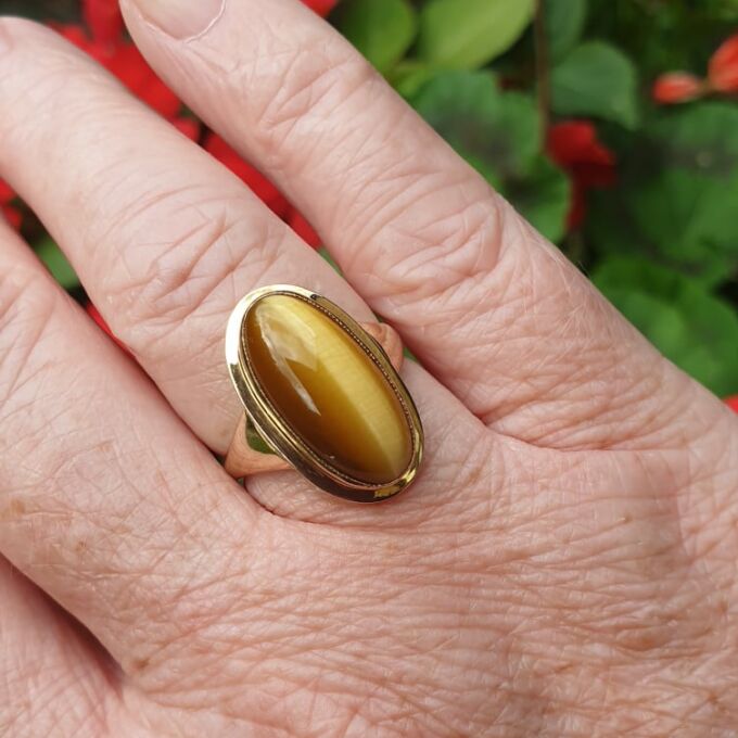Elongated Tigers Eye Ring in 9ct Gold
