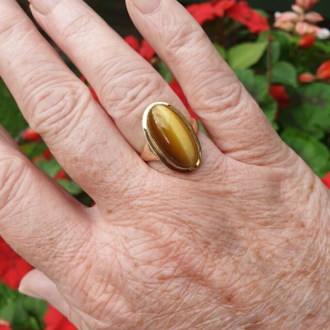 Elongated Tigers Eye Ring in 9ct Gold