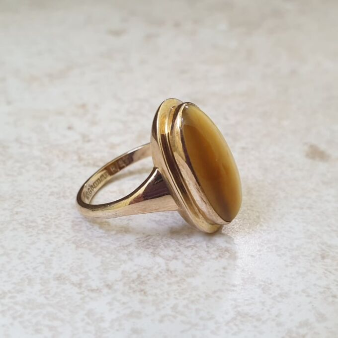 Elongated Tigers Eye Ring in 9ct Gold