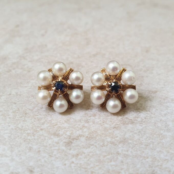 Reserved – Pearl and Sapphire Stud Earrings in 9ct Gold