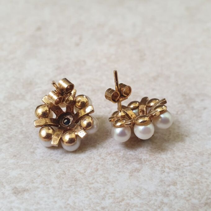 Reserved – Pearl and Sapphire Stud Earrings in 9ct Gold
