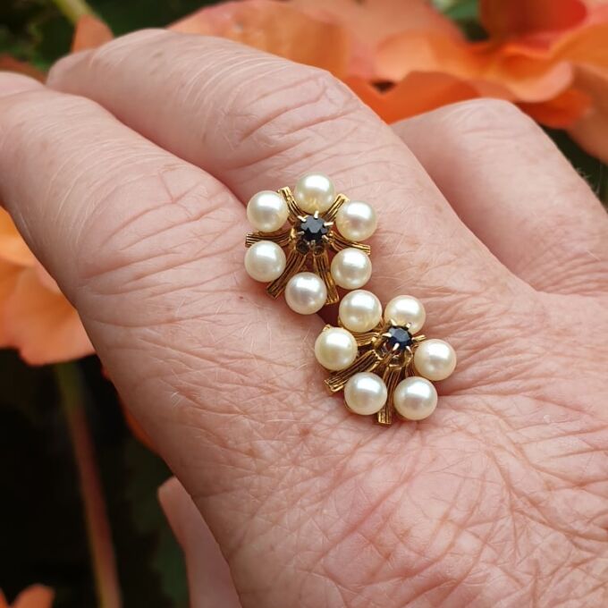 Reserved – Pearl and Sapphire Stud Earrings in 9ct Gold