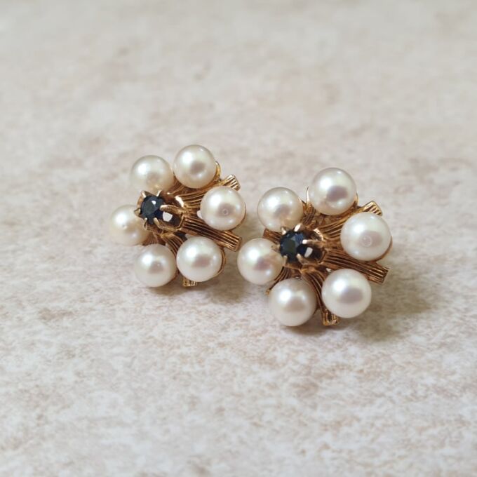 Reserved – Pearl and Sapphire Stud Earrings in 9ct Gold