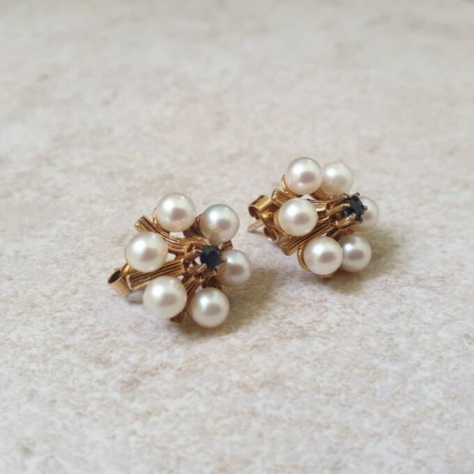 Reserved – Pearl and Sapphire Stud Earrings in 9ct Gold