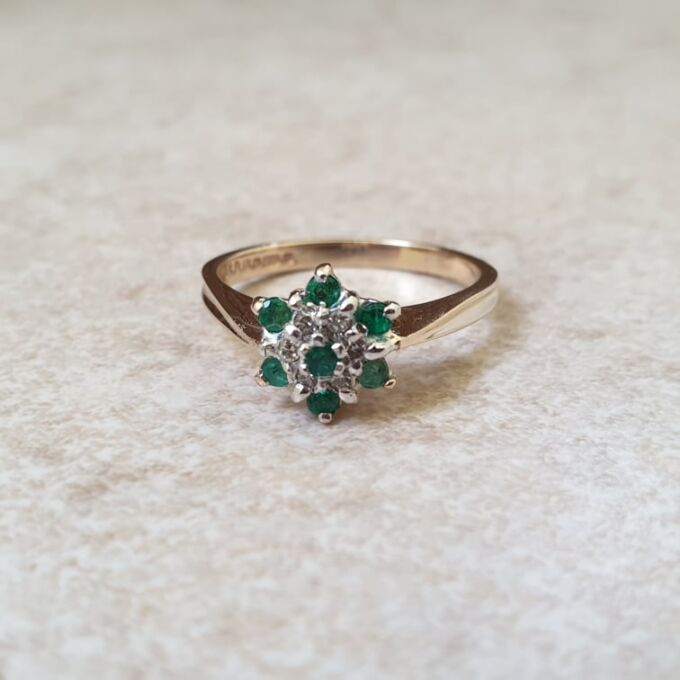Emerald & Diamond Cluster Ring in 9ct Gold