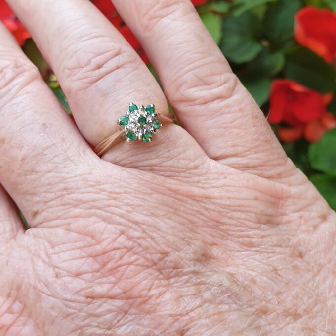 Emerald & Diamond Cluster Ring in 9ct Gold
