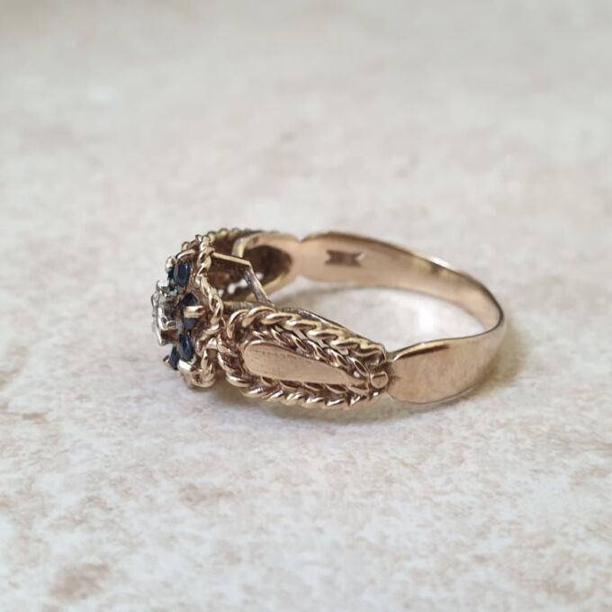 Ornate Sapphire & Diamond Cluster Ring in 9ct Gold