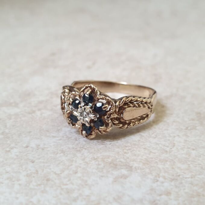 Ornate Sapphire & Diamond Cluster Ring in 9ct Gold