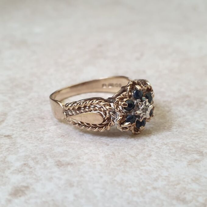 Ornate Sapphire & Diamond Cluster Ring in 9ct Gold