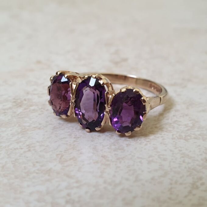 Three Stone Amethyst Ring in 9ct Gold