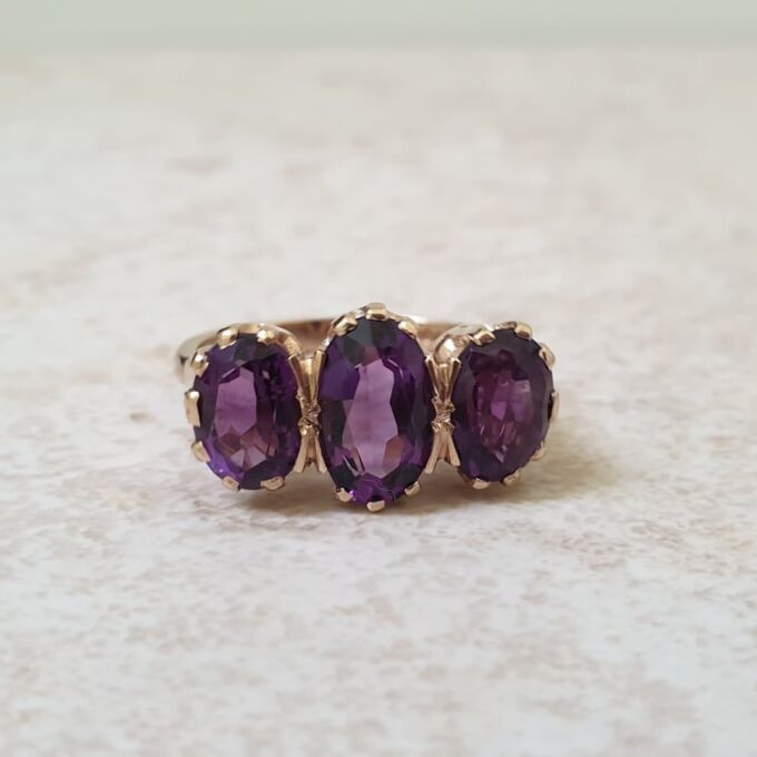 Three Stone Amethyst Ring in 9ct Gold