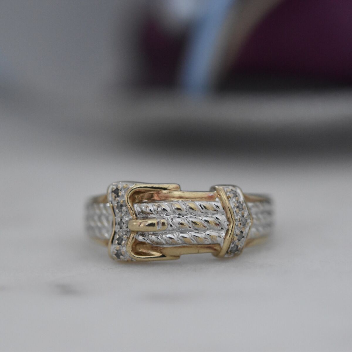 Vintage Star Set Diamond 9ct Gold Buckle Ring by Slade & Wolfe. - Ruby Lane