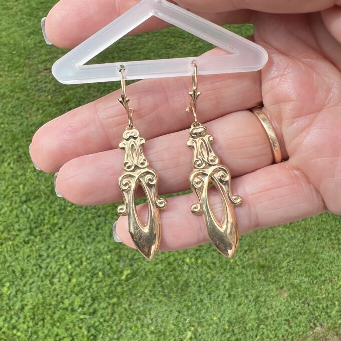Embossed Long Drop Earrings in 9ct Gold