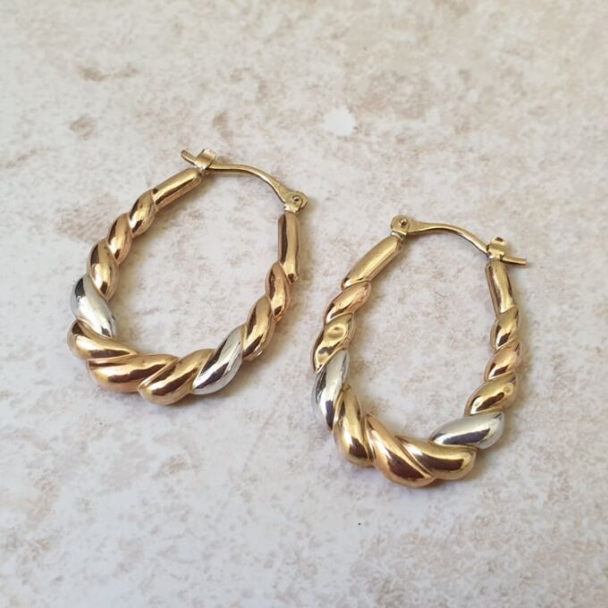 Two Colour Twisted Hoop Earrings in 9ct Gold