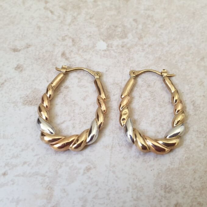 Two Colour Twisted Hoop Earrings in 9ct Gold