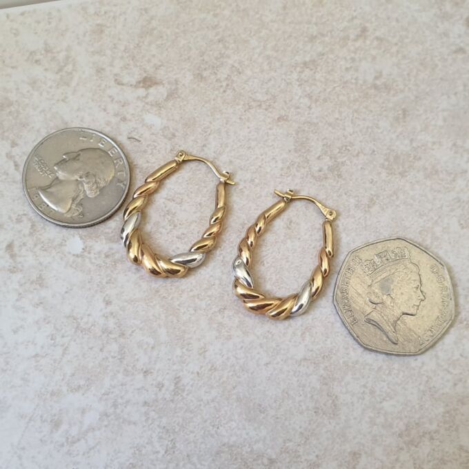 Two Colour Twisted Hoop Earrings in 9ct Gold