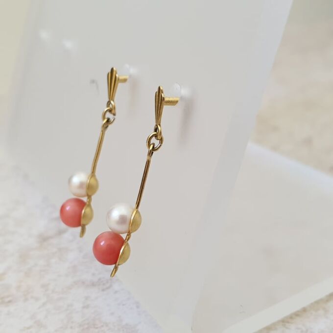 Pearl and Coral Drop Earrings in 9ct Gold