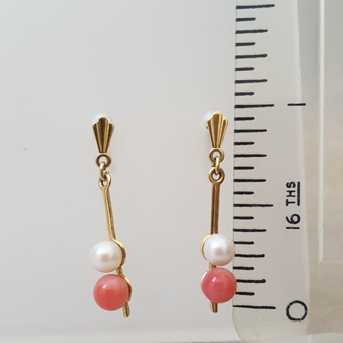 Pearl and Coral Drop Earrings in 9ct Gold