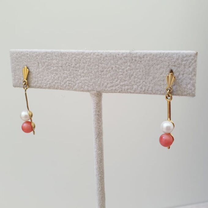 Pearl and Coral Drop Earrings in 9ct Gold