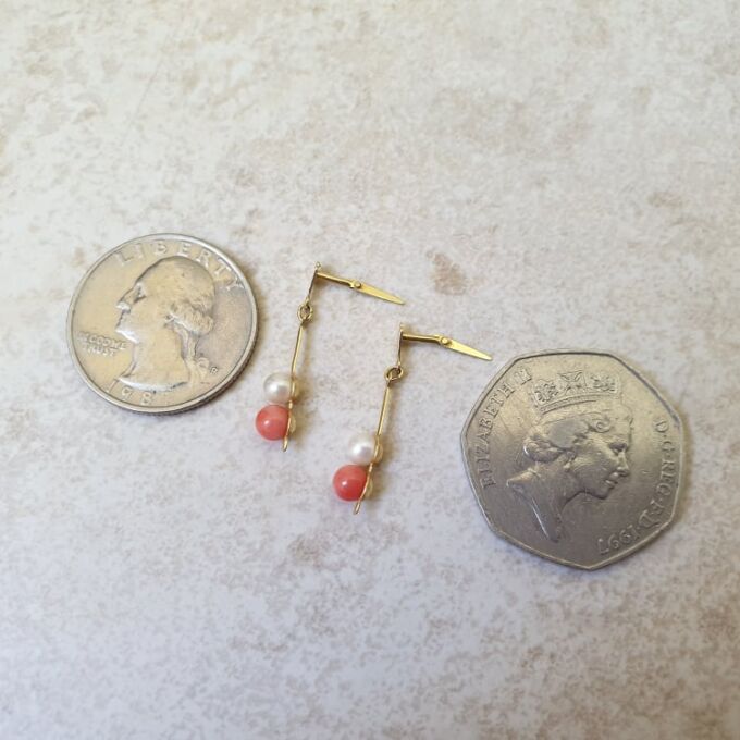 Pearl and Coral Drop Earrings in 9ct Gold